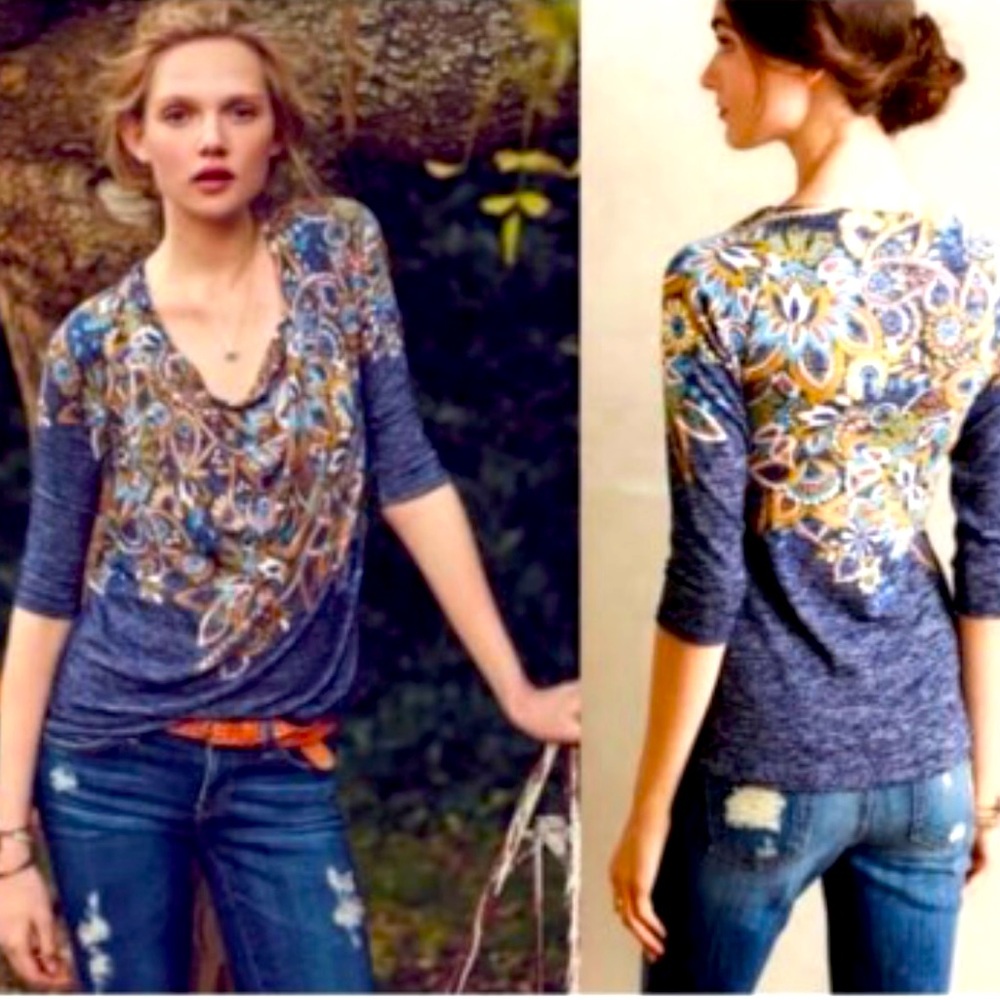 Anthropologie Postmark Blue and White Graphic 3/4 Sleeve Top